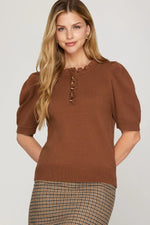 Short Puff Sleeve Ruffled Neck Sweater - Cinnamon