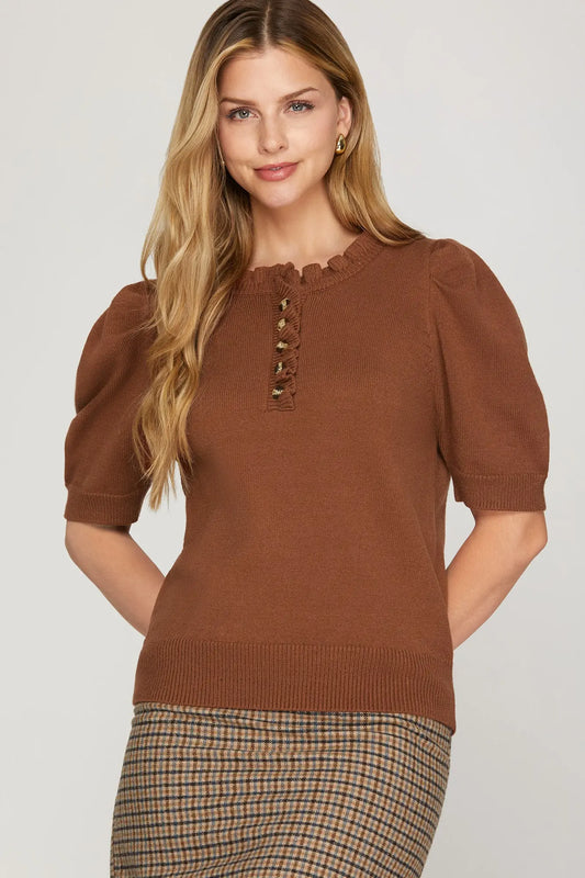 Short Puff Sleeve Ruffled Neck Sweater - Cinnamon