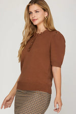 Short Puff Sleeve Ruffled Neck Sweater - Cinnamon
