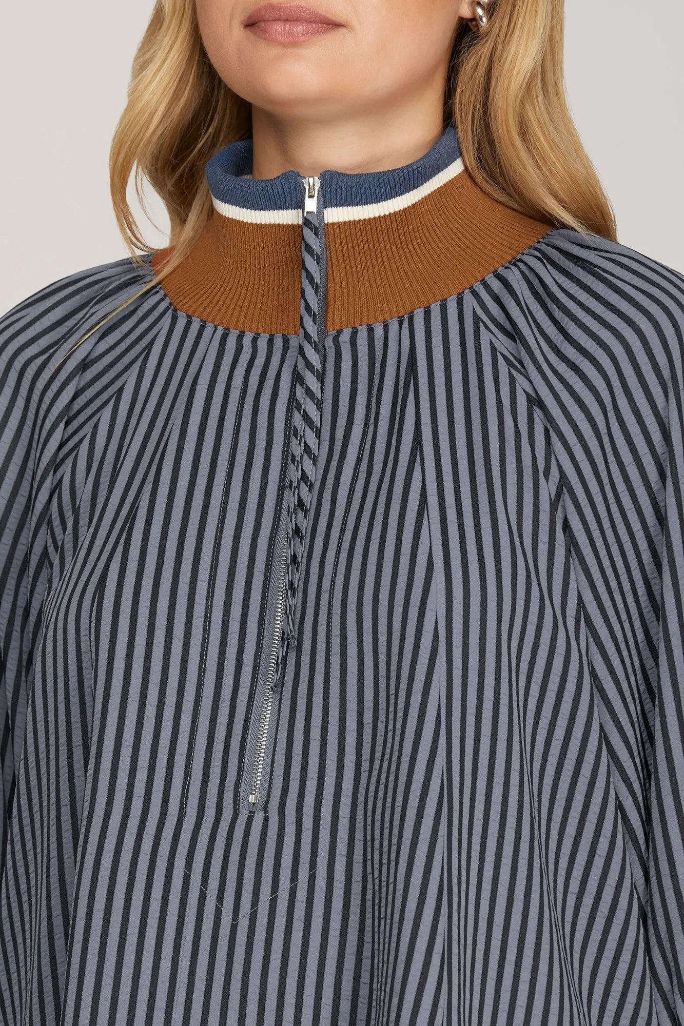 Navy 3/4 Sleeve Half Zip Striped Top