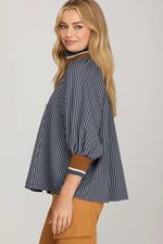 Navy 3/4 Sleeve Half Zip Striped Top