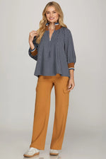 Navy 3/4 Sleeve Half Zip Striped Top