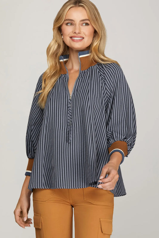 Navy 3/4 Sleeve Half Zip Striped Top