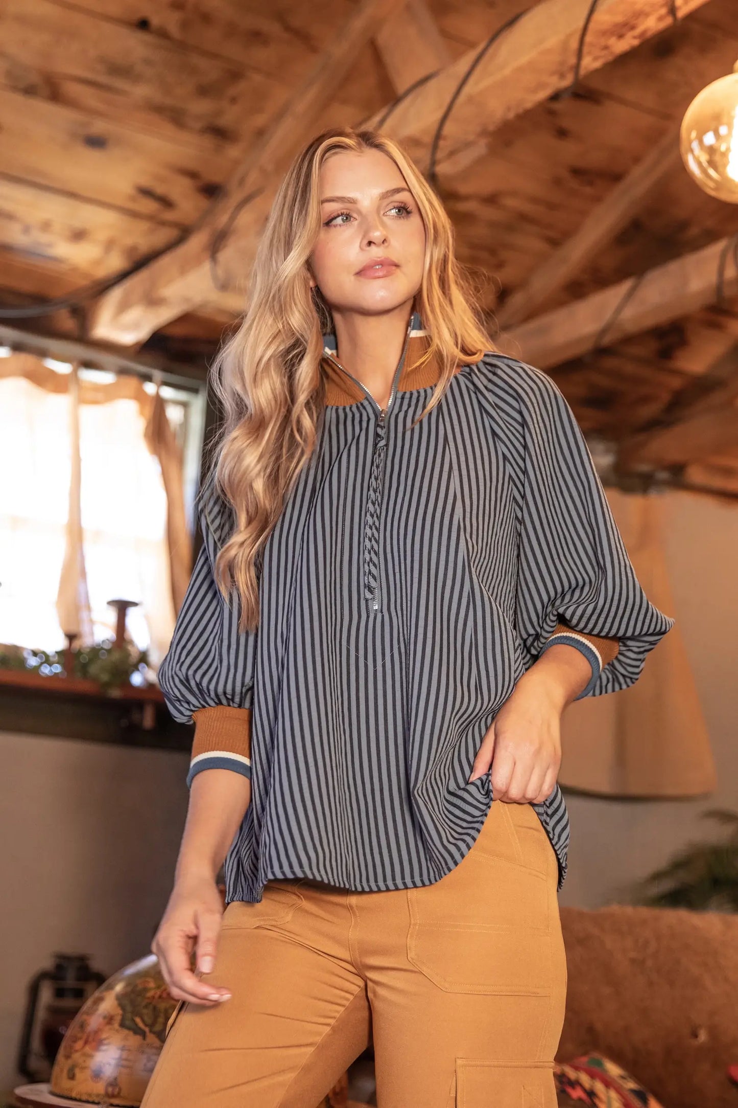 Navy 3/4 Sleeve Half Zip Striped Top