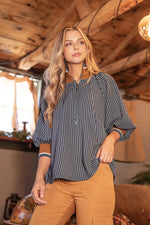 Navy 3/4 Sleeve Half Zip Striped Top