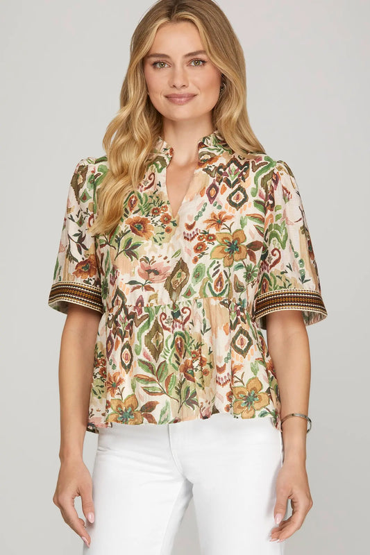 Floral Woven Babydoll Top - Olive