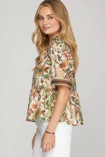 Floral Woven Babydoll Top - Olive
