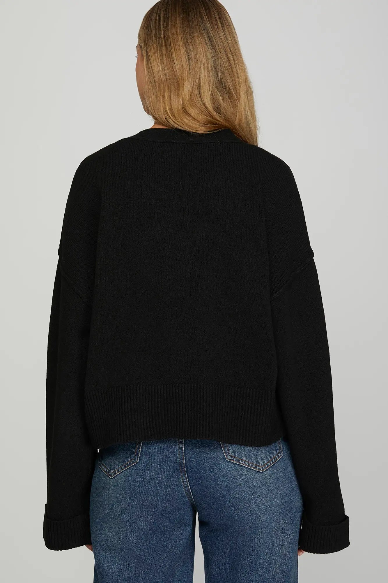 Chunky Gold Button Knit Cardigan - Black