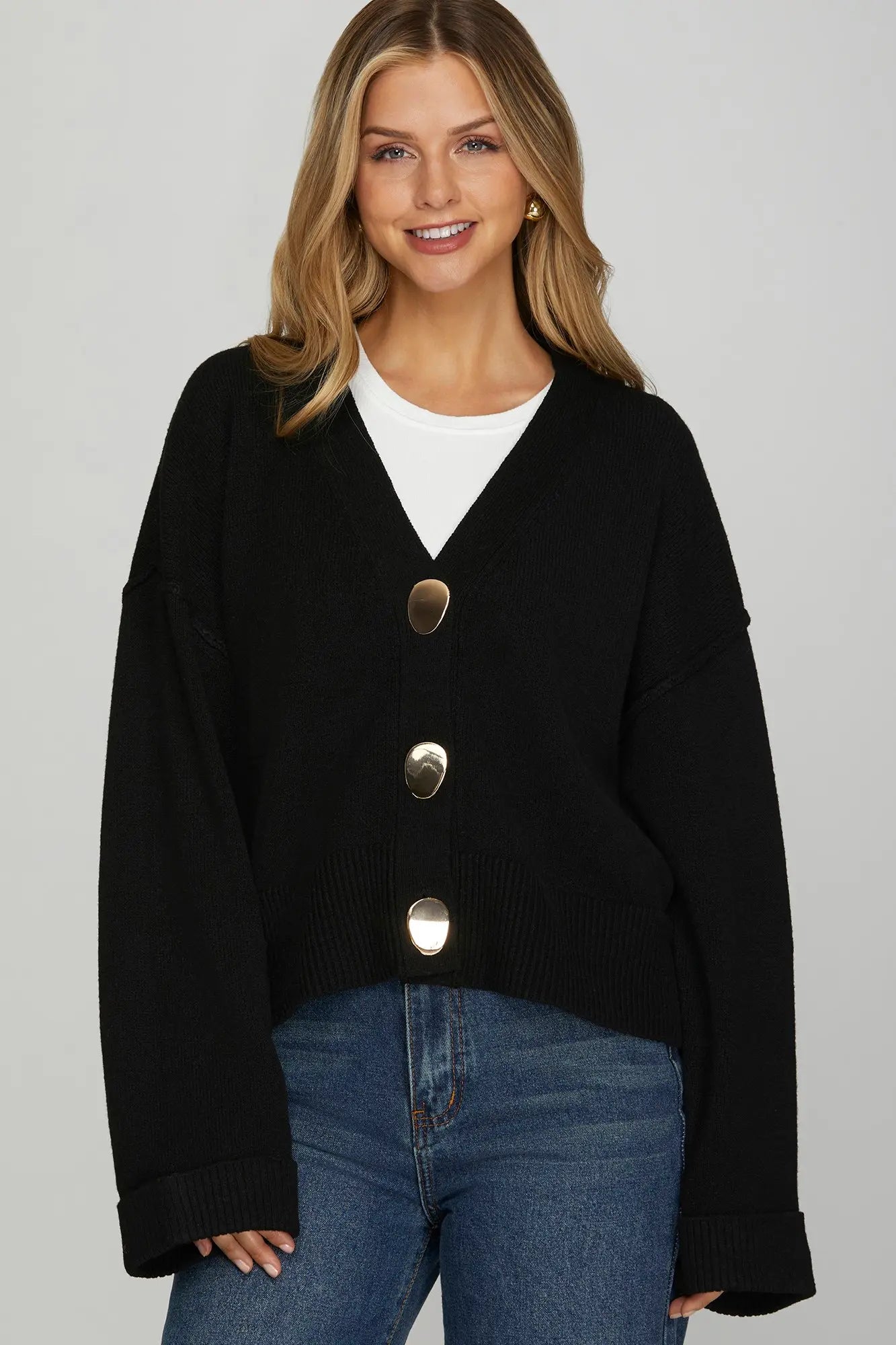 Chunky Gold Button Knit Cardigan - Black