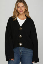 Chunky Gold Button Knit Cardigan - Black