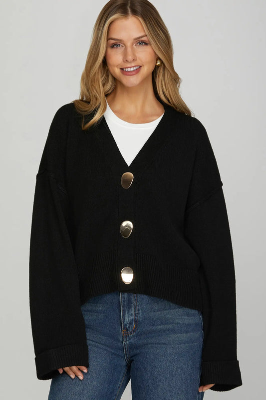 Chunky Gold Button Knit Cardigan - Black
