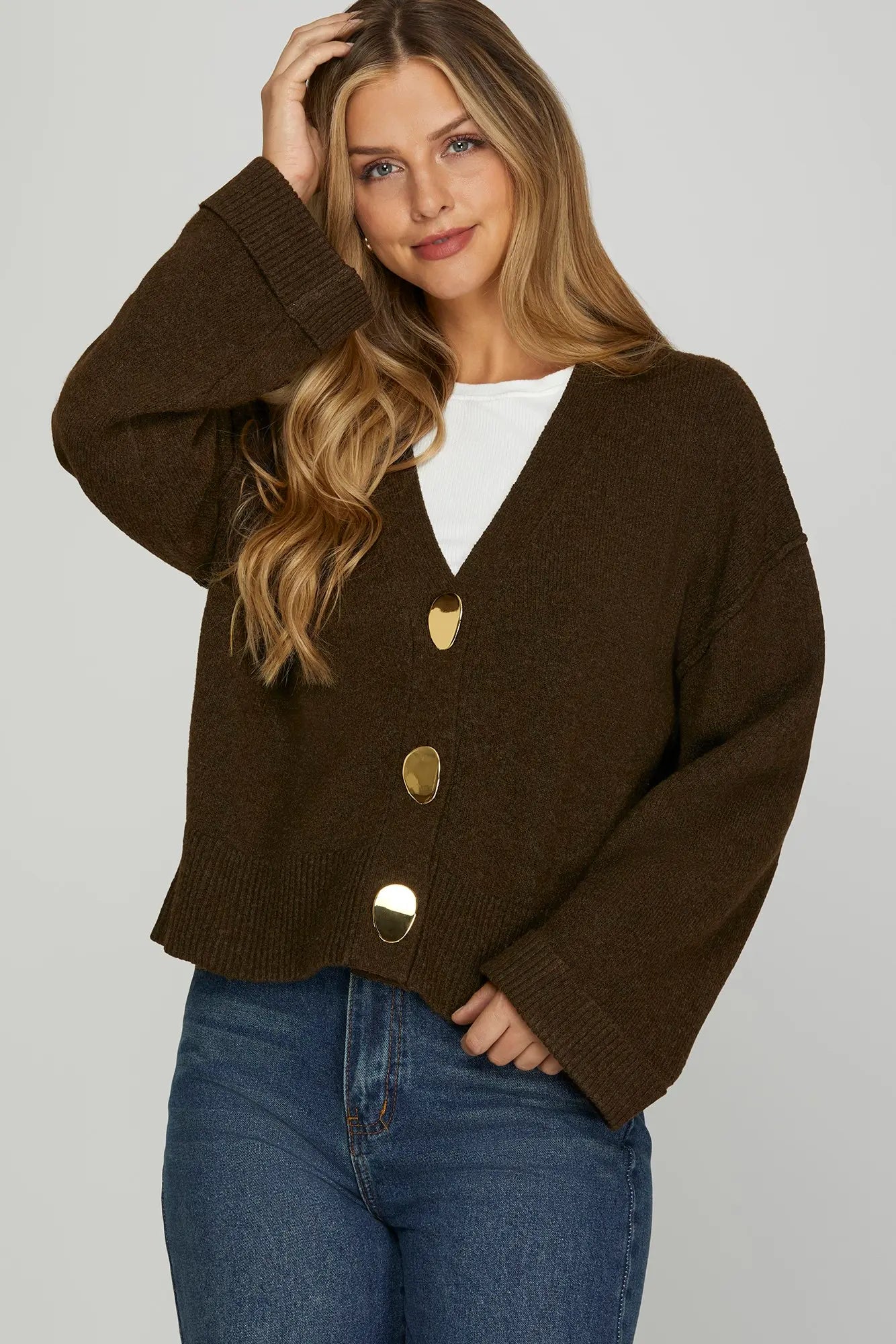 Brown Chunky Gold Button Knit Cardigan