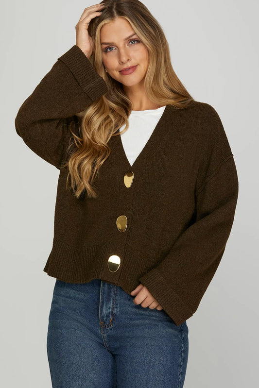 Brown Chunky Gold Button Knit Cardigan
