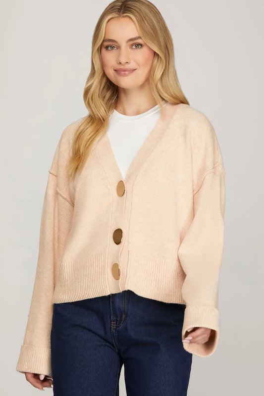 Chunky Gold Button Knit Cardigan - Oatmeal
