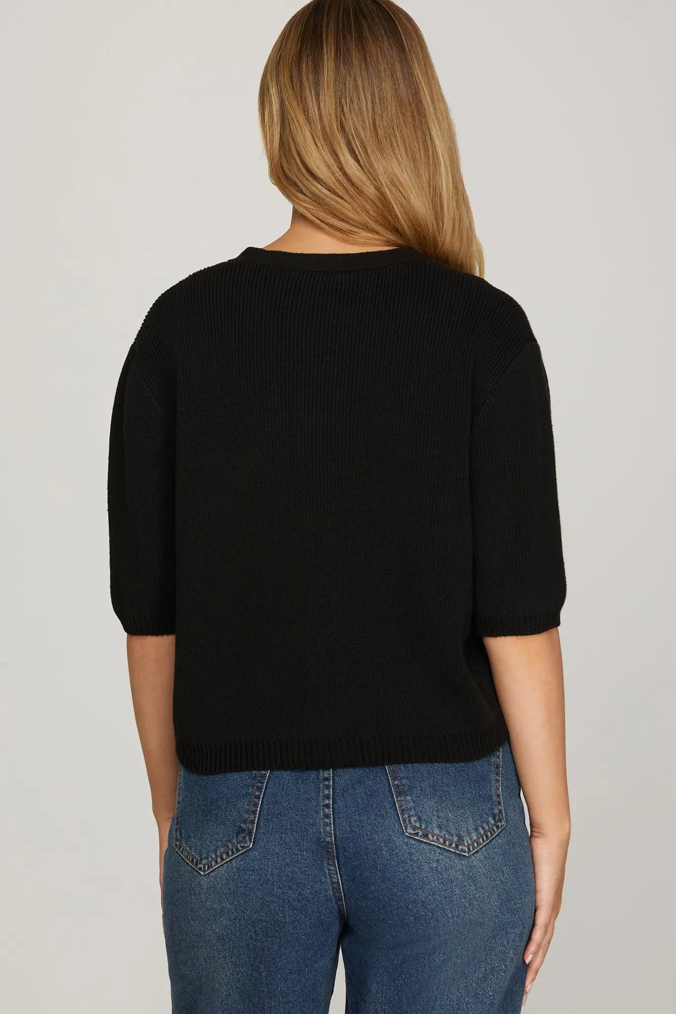 Half Sleeve V-Neck Gold Button Sweater - Black