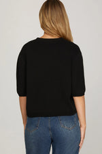 Half Sleeve V-Neck Gold Button Sweater - Black