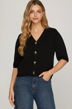Half Sleeve V-Neck Gold Button Sweater - Black