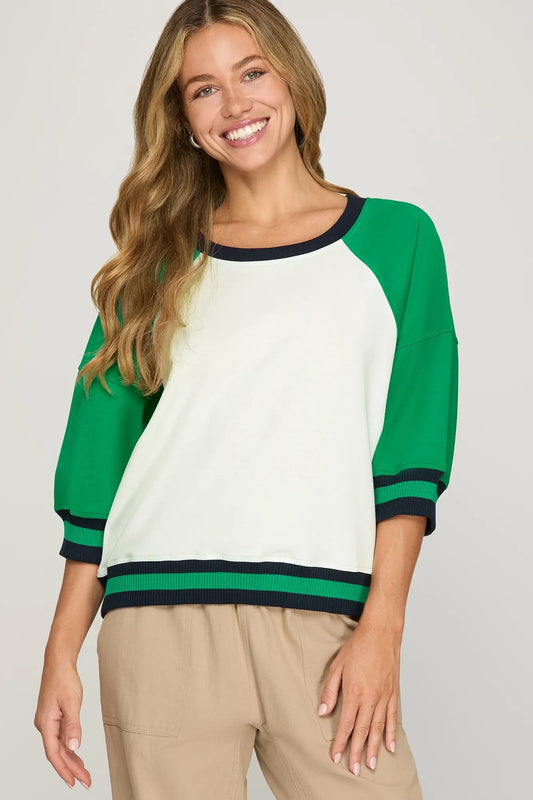 Half Sleeve Color Block Scuba Top - Green