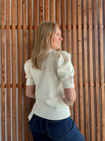 Short Puff Sleeve Ruffled Neck Sweater: Cream