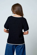 CONTEST TRIM PUFF SLEEVE RIBBED KNIT SWEATER: BLACK