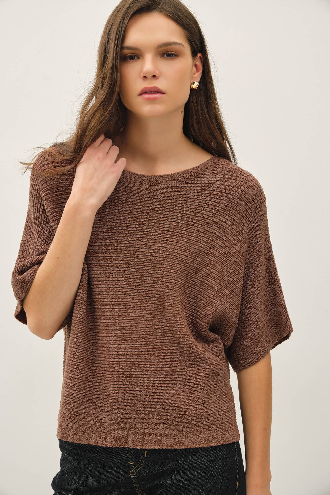 HORIZONTAL RIBBED DOLMAN SWEATER TOP