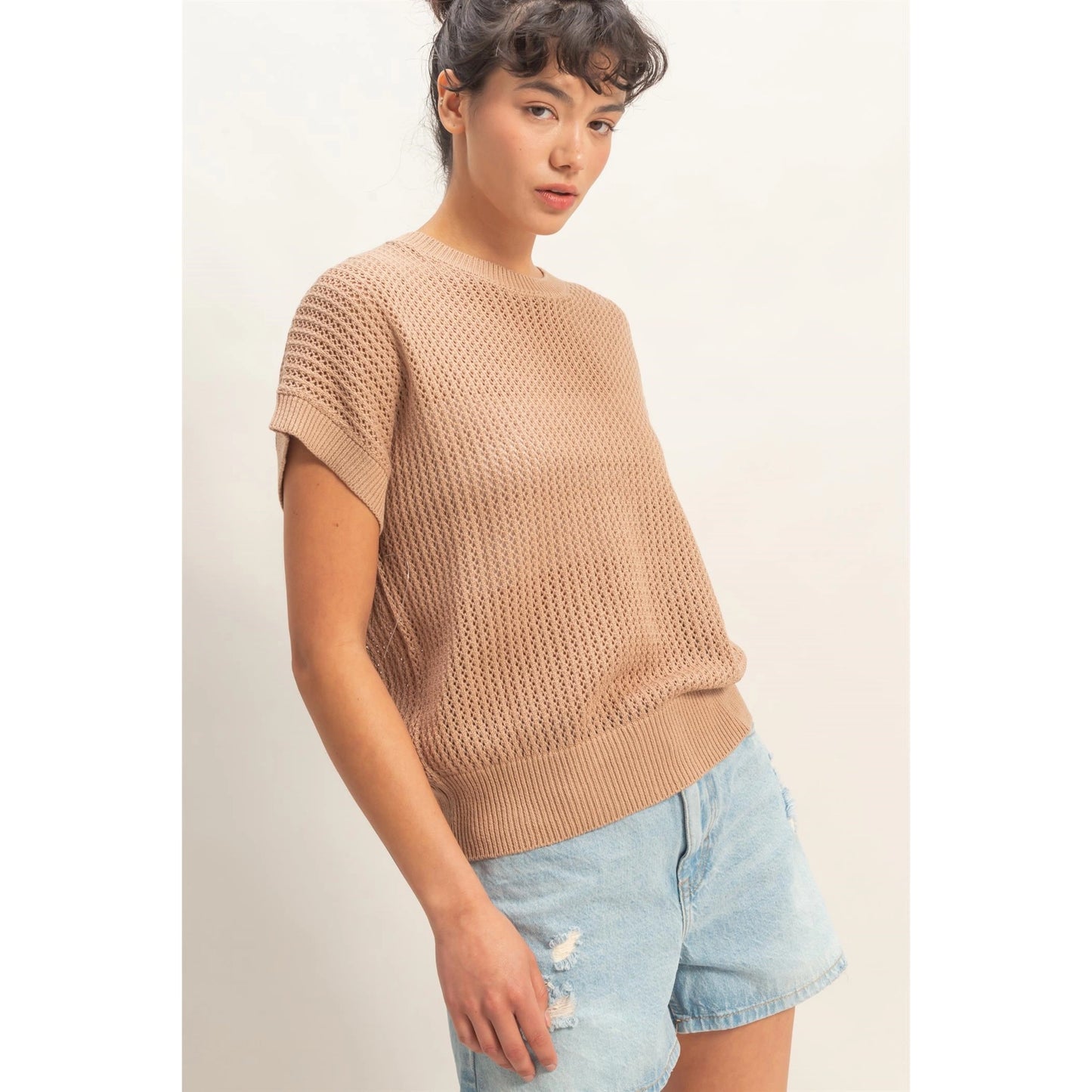Open-Knit Dolman Sleeve Top - Dark Taupe