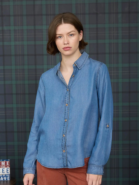 Chambray Collared 3/4 Tab Sleeve Button Down Shirt