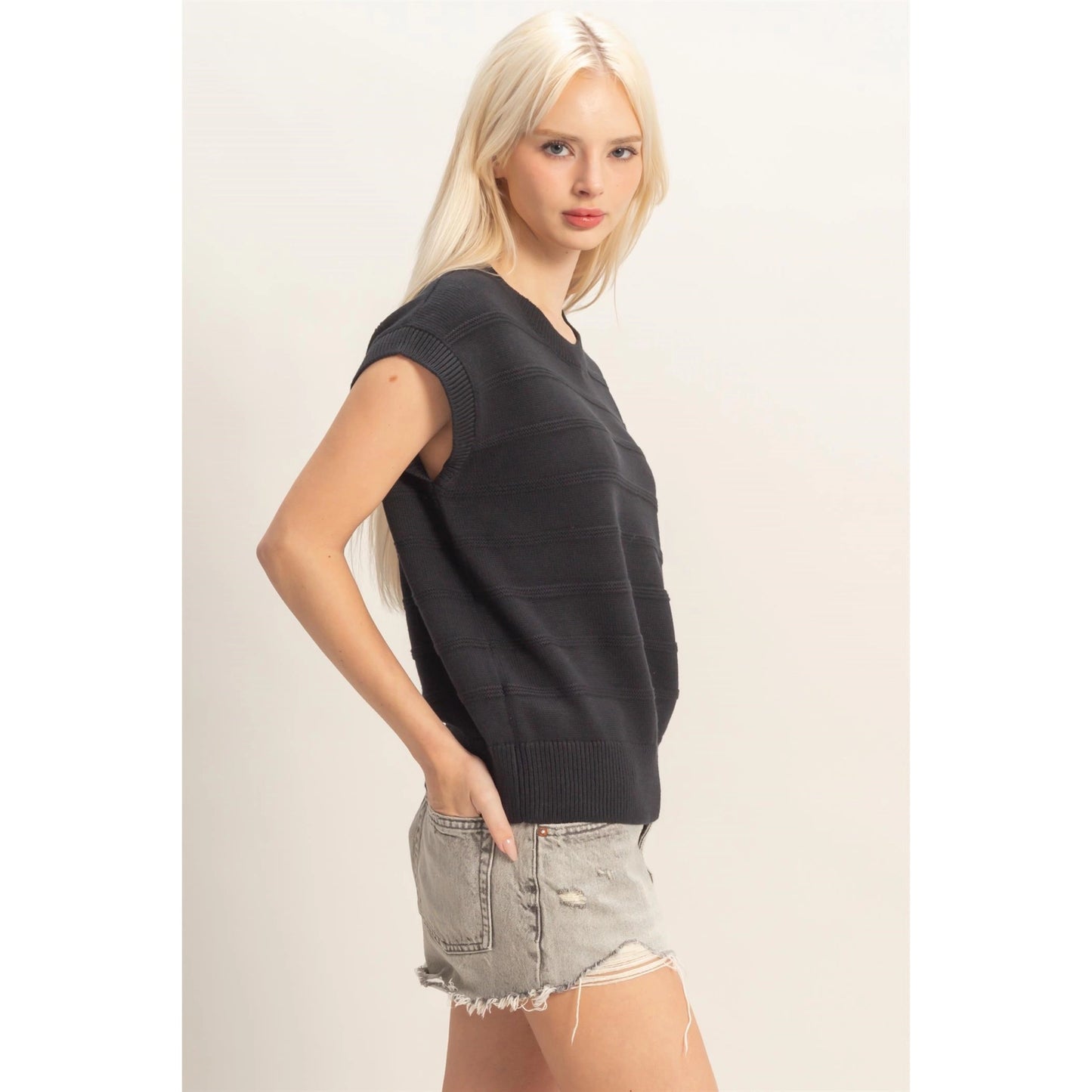Textured Round Neck Dolman Sleeve Top - Black