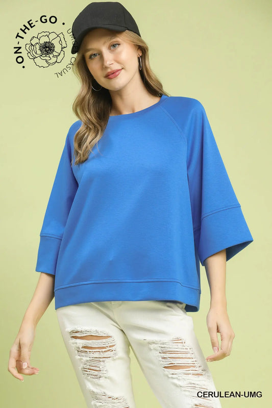 3/4 Sleeved Drop Shoulder Top - Cerulean