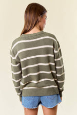 Scallop Neckline Long Sleeve Striped Sweater: OLIVE