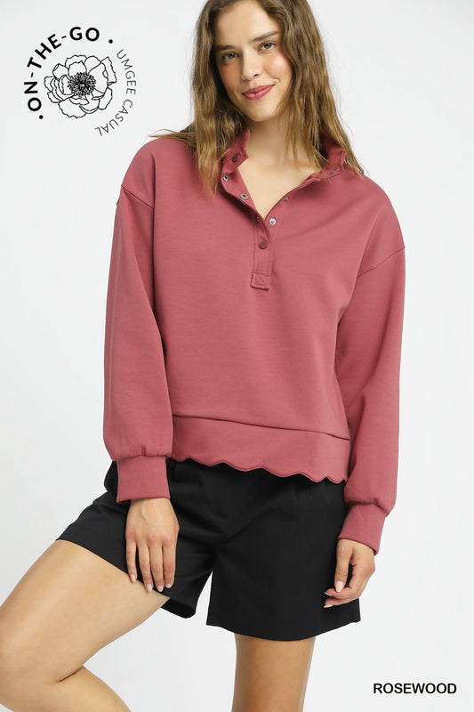 Luxeknit Scallop Hem Snap Pullover - Rosewood