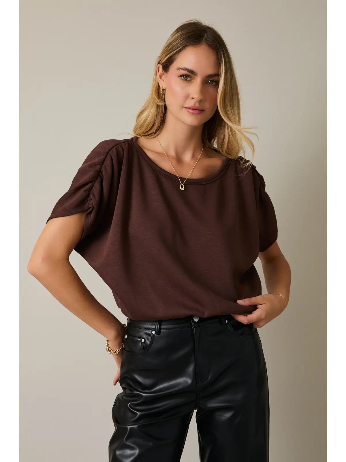 Boatneck Shirring Half Sleeve Crop Top - Brown