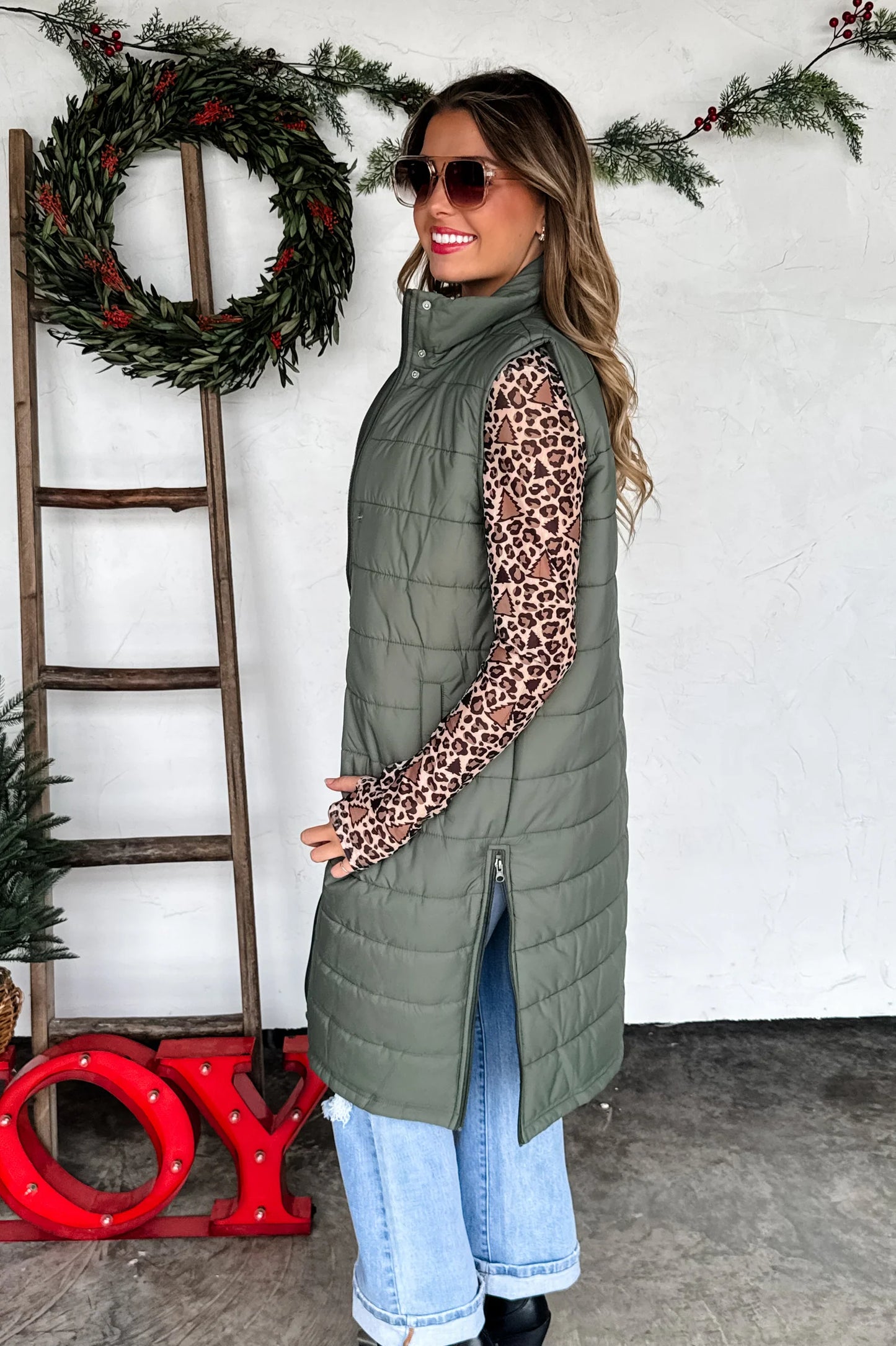 Kendall Long Puffer Vest - Olive