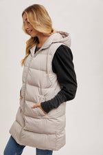 HOODED ZIPPER DOWN LONGLINE PUFFER VEST: Beige