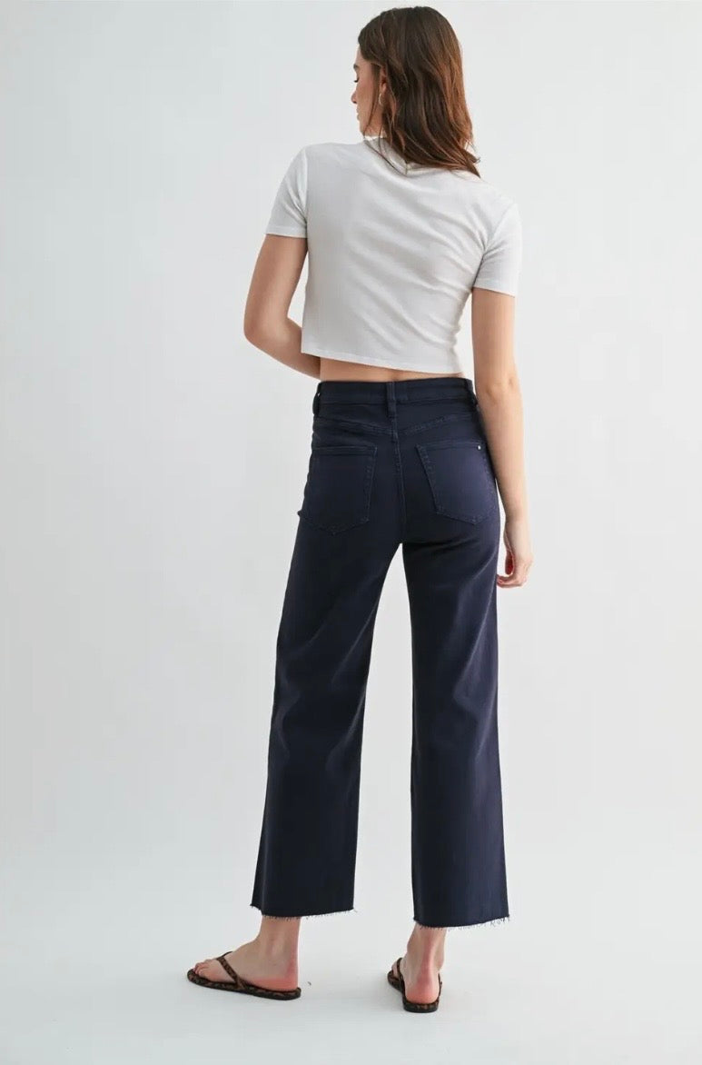 Navy HR Wide Leg Crop Raw Hem