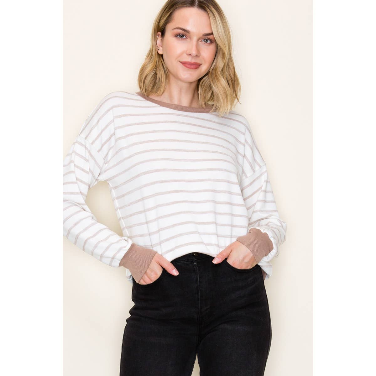 Striped Pullover Knit Top - Taupe