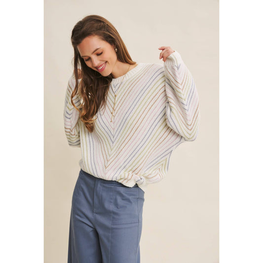 Vintage Diagonal Multi Stripe Jacquard Sweater - Cream