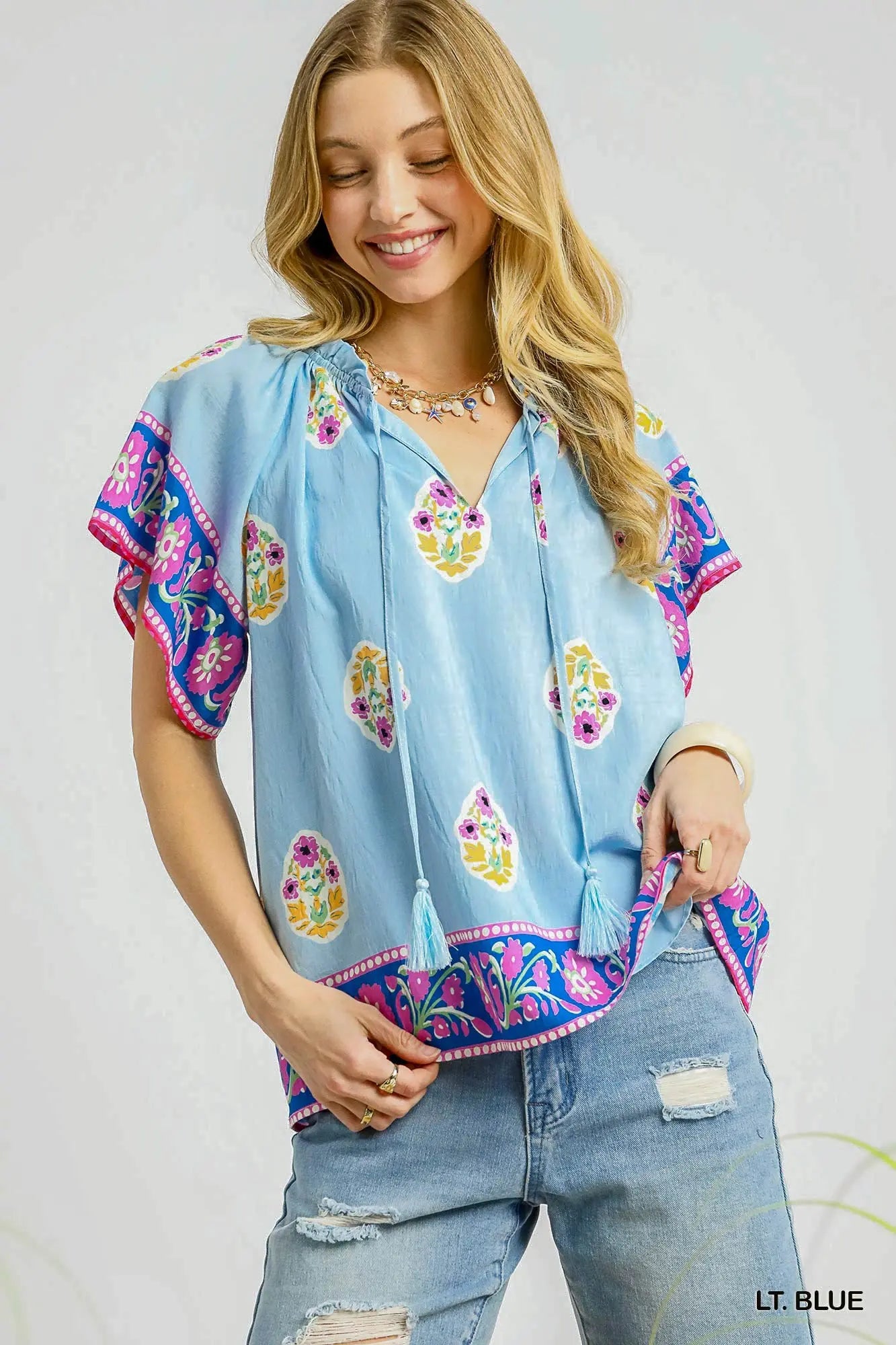 Boho Bloom Border Top - Light Blue