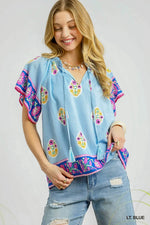 Boho Bloom Border Top - Light Blue