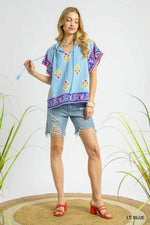 Boho Bloom Border Top - Light Blue