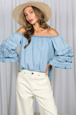 Off The Shoulder 4Tiers Ruffle Sleeve Chambray Top