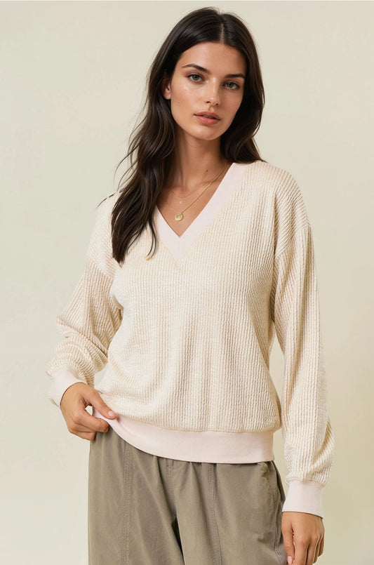 Oversized Vertical Stripe Two-Tone Ribbed Top - Light Beige