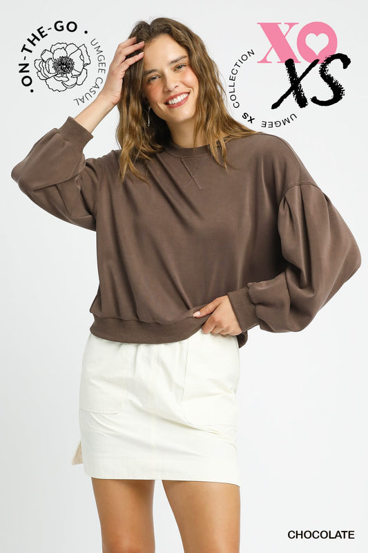 Cupro Long Sleeve Crew Neck Top - Chocolate