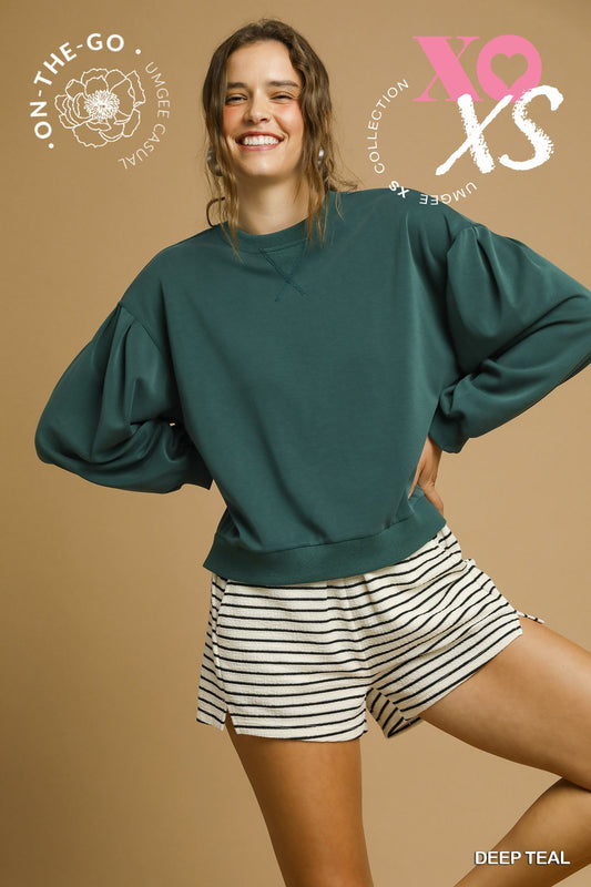 Cupro Long Sleeve Crew Neck Top - Deep Teal