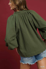 Split V Neck Top with Balloon Sleeves - Olive
