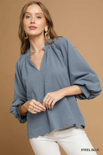 Split V Neck Top with Balloon Sleeves - Steel Blue