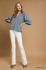 Split V Neck Top with Balloon Sleeves - Steel Blue