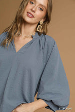 Split V Neck Top with Balloon Sleeves - Steel Blue