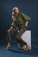 Split V Neck Top with Balloon Sleeves - Olive