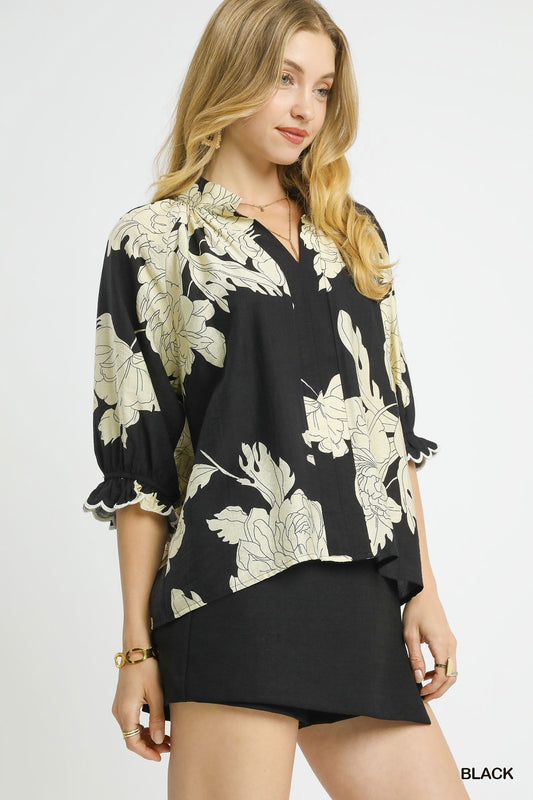Peony Print High Neck Top - Black